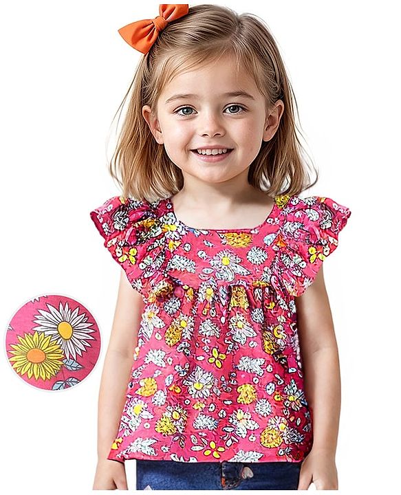 Babyhug Cotton Knit Frill Sleeves Floral Printed Cropped Top - Pink