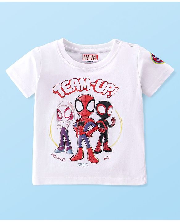 Babyhug Marvel 100% Cotton Knit Half Sleeves T-Shirt with Front and Back Spider-man Graphics - White