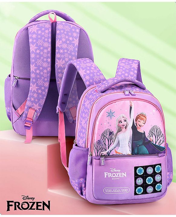 Babyhug Disney Frozen Tic-Tac-Toe School Backpack|2 Main Compartments, 2 Front Pockets, 2 side Bottle Pockets|Water Resistant|Long lasting and Durable Zippers | Comfortable back cushioning | For School, Travel and Outdoors|Lavender- 15.8 inches
