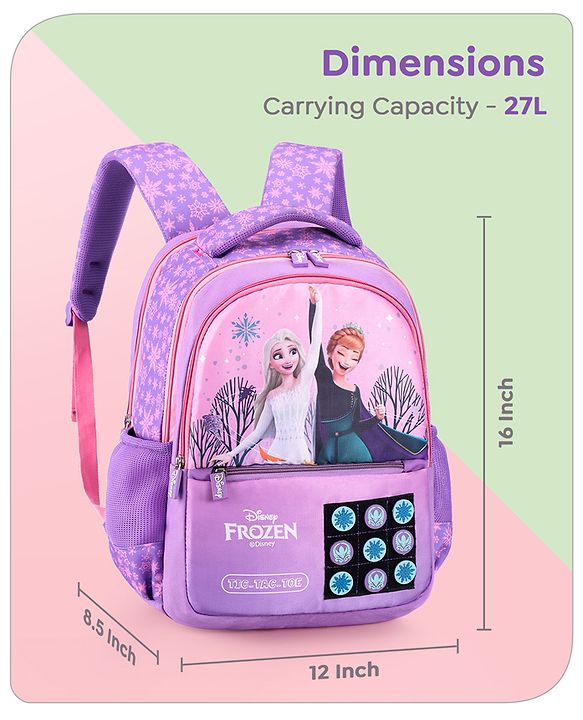 Babyhug Disney Frozen Tic-Tac-Toe School Backpack|2 Main Compartments, 2 Front Pockets, 2 side Bottle Pockets|Water Resistant|Long lasting and Durable Zippers | Comfortable back cushioning | For School, Travel and Outdoors|Lavender- 15.8 inches