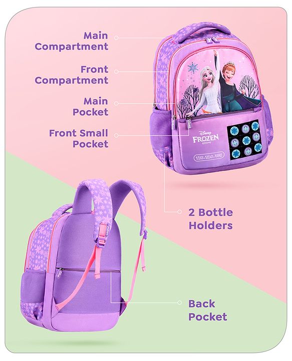 Babyhug Disney Frozen Tic-Tac-Toe School Backpack|2 Main Compartments, 2 Front Pockets, 2 side Bottle Pockets|Water Resistant|Long lasting and Durable Zippers | Comfortable back cushioning | For School, Travel and Outdoors|Lavender- 15.8 inches