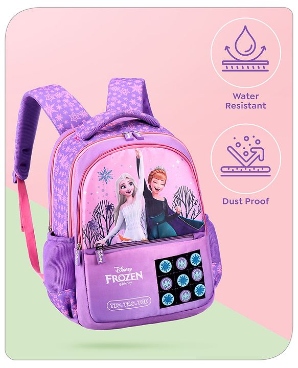Babyhug Disney Frozen Tic-Tac-Toe School Backpack|2 Main Compartments, 2 Front Pockets, 2 side Bottle Pockets|Water Resistant|Long lasting and Durable Zippers | Comfortable back cushioning | For School, Travel and Outdoors|Lavender- 15.8 inches