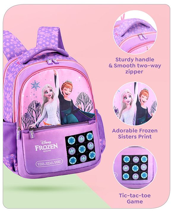 Babyhug Disney Frozen Tic-Tac-Toe School Backpack|2 Main Compartments, 2 Front Pockets, 2 side Bottle Pockets|Water Resistant|Long lasting and Durable Zippers | Comfortable back cushioning | For School, Travel and Outdoors|Lavender- 15.8 inches