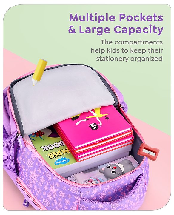 Babyhug Disney Frozen Tic-Tac-Toe School Backpack|2 Main Compartments, 2 Front Pockets, 2 side Bottle Pockets|Water Resistant|Long lasting and Durable Zippers | Comfortable back cushioning | For School, Travel and Outdoors|Lavender- 15.8 inches