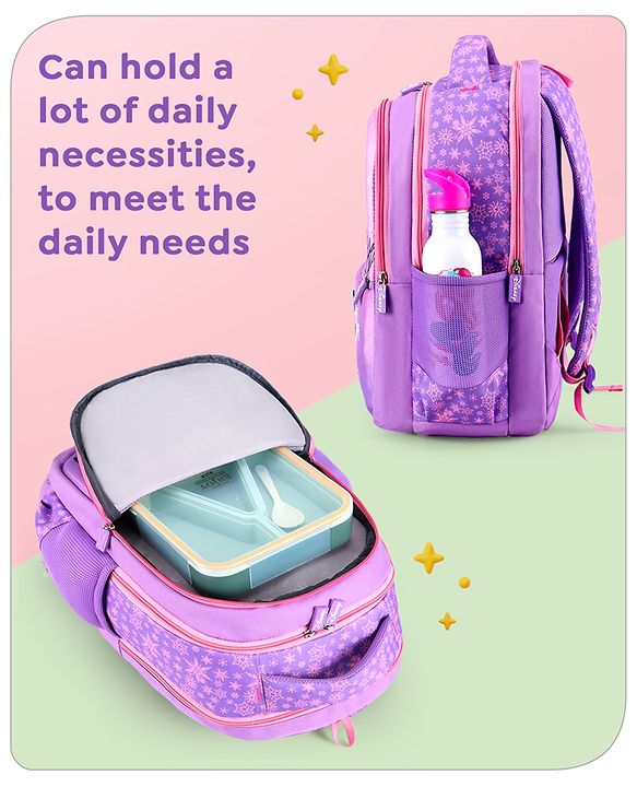 Babyhug Disney Frozen Tic-Tac-Toe School Backpack|2 Main Compartments, 2 Front Pockets, 2 side Bottle Pockets|Water Resistant|Long lasting and Durable Zippers | Comfortable back cushioning | For School, Travel and Outdoors|Lavender- 15.8 inches