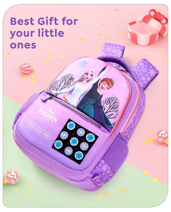 Babyhug Disney Frozen Tic-Tac-Toe School Backpack|2 Main Compartments, 2 Front Pockets, 2 side Bottle Pockets|Water Resistant|Long lasting and Durable Zippers | Comfortable back cushioning | For School, Travel and Outdoors|Lavender- 15.8 inches