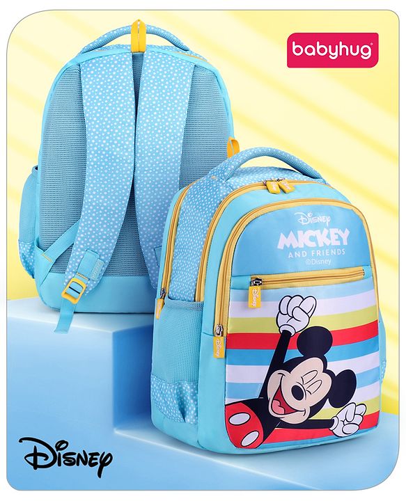 Babyhug Disney Mickey Mouse School Backpack|2 Main Compartments, 2 Front Pockets, 2 side Bottle Pockets|Water Resistant|Long lasting and Durable Zippers | Comfortable back cushioning | For School, Travel and Outdoors|Blue- 15.8 inches