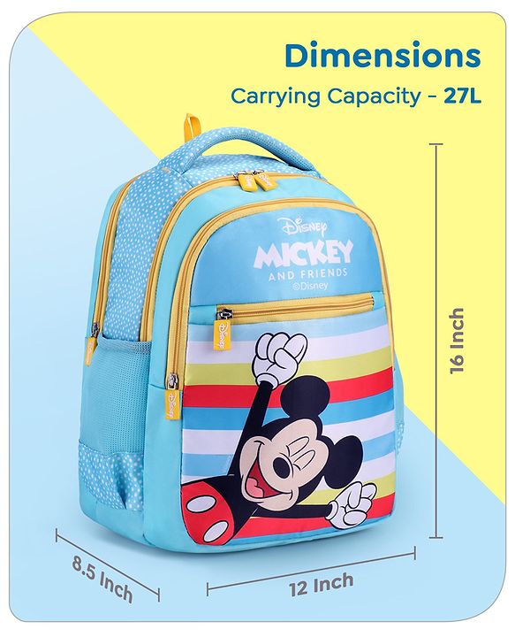 Babyhug Disney Mickey Mouse School Backpack|2 Main Compartments, 2 Front Pockets, 2 side Bottle Pockets|Water Resistant|Long lasting and Durable Zippers | Comfortable back cushioning | For School, Travel and Outdoors|Blue- 15.8 inches