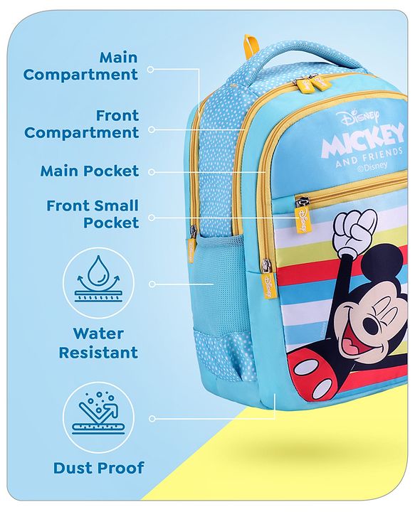 Babyhug Disney Mickey Mouse School Backpack|2 Main Compartments, 2 Front Pockets, 2 side Bottle Pockets|Water Resistant|Long lasting and Durable Zippers | Comfortable back cushioning | For School, Travel and Outdoors|Blue- 15.8 inches