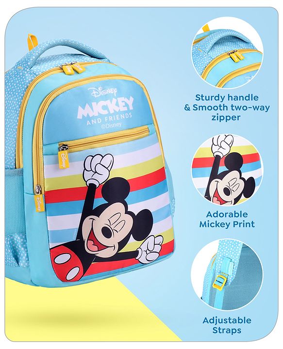 Babyhug Disney Mickey Mouse School Backpack|2 Main Compartments, 2 Front Pockets, 2 side Bottle Pockets|Water Resistant|Long lasting and Durable Zippers | Comfortable back cushioning | For School, Travel and Outdoors|Blue- 15.8 inches