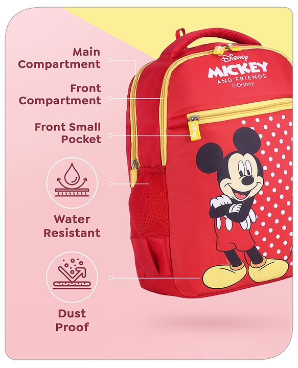 Babyhug Disney Mickey Mouse School Backpack|2 Main Compartments, 2 Front Pockets, 2 side Bottle Pockets|Water Resistant|Long lasting and Durable Zippers | Comfortable back cushioning | For School, Travel and Outdoors|Blue- 15.8 inches