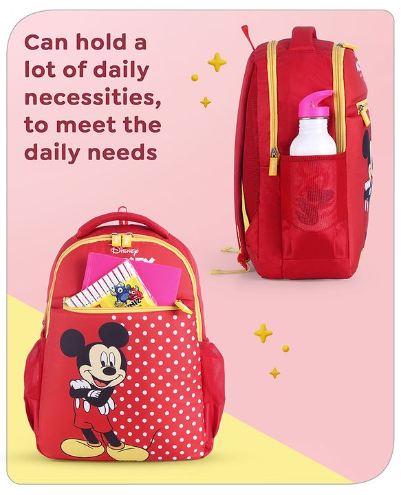 Babyhug Disney Mickey Mouse School Backpack|2 Main Compartments, 2 Front Pockets, 2 side Bottle Pockets|Water Resistant|Long lasting and Durable Zippers | Comfortable back cushioning | For School, Travel and Outdoors|Blue- 15.8 inches