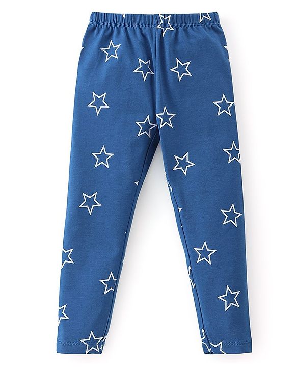 Babyhug Cotton Lycra Knit Full Length Legging Star Print - Navy Blue