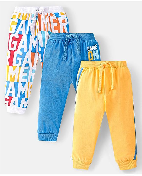 Babyhug Cotton Knit Full Length Track Pant Basketball Print Pack of 3 - Blue Yellow & White