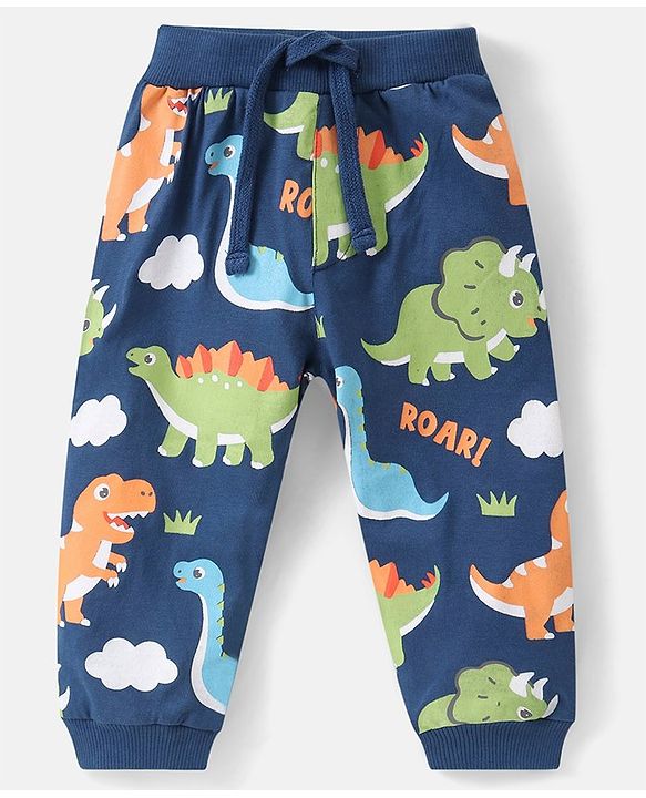 Babyhug Cotton Knit Full Length Track Pants Solid & Dino Print  Pack of 2 - Multicolor