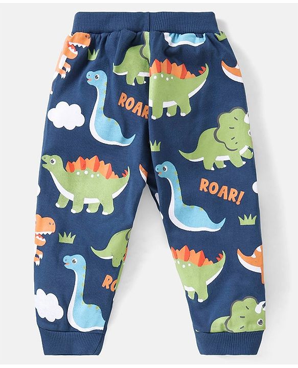 Babyhug Cotton Knit Full Length Track Pants Solid & Dino Print  Pack of 2 - Multicolor