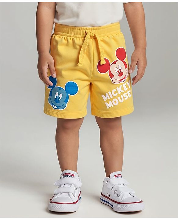 Babyhug Disney Cotton Knit Shorts with Mickey Mouse Graphics - Yellow
