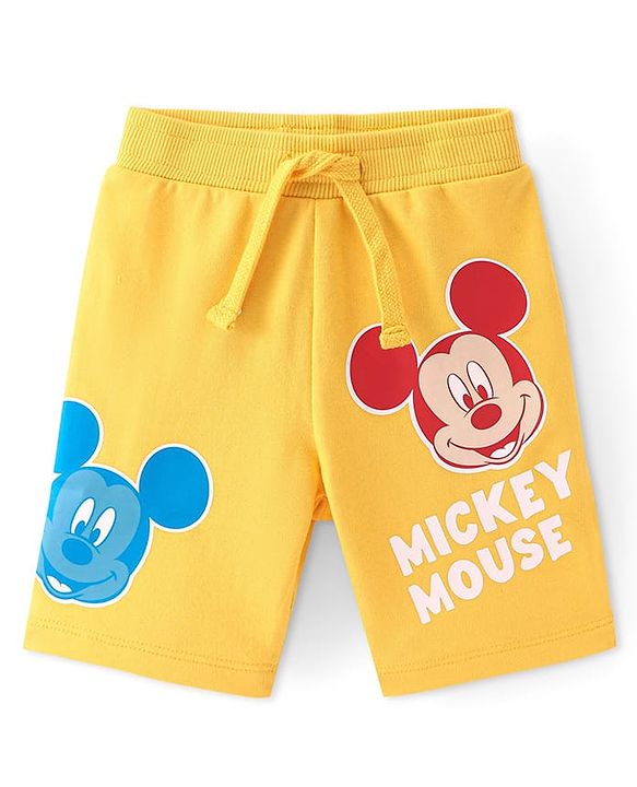 Babyhug Disney Cotton Knit Shorts with Mickey Mouse Graphics - Yellow
