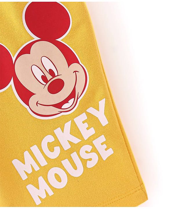 Babyhug Disney Cotton Knit Shorts with Mickey Mouse Graphics - Yellow