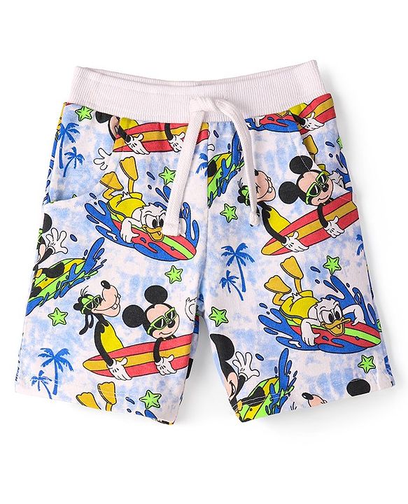 Babyhug Disney Cotton Terry Knit Knee Length Shorts With Mickey Mouse Print - Blue