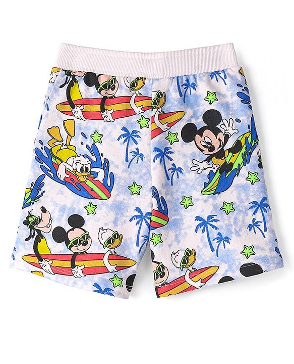 Babyhug Disney Cotton Terry Knit Knee Length Shorts With Mickey Mouse Print - Blue
