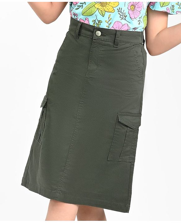 Pine Kids Cotton Woven Strechable Mid Calf Length Solid Skirt with Cargo Pockets - Olive Green
