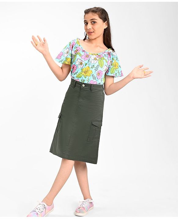 Pine Kids Cotton Woven Strechable Mid Calf Length Solid Skirt with Cargo Pockets - Olive Green