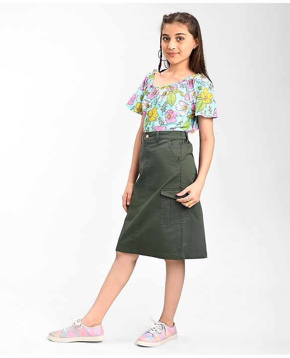 Pine Kids Cotton Woven Strechable Mid Calf Length Solid Skirt with Cargo Pockets - Olive Green