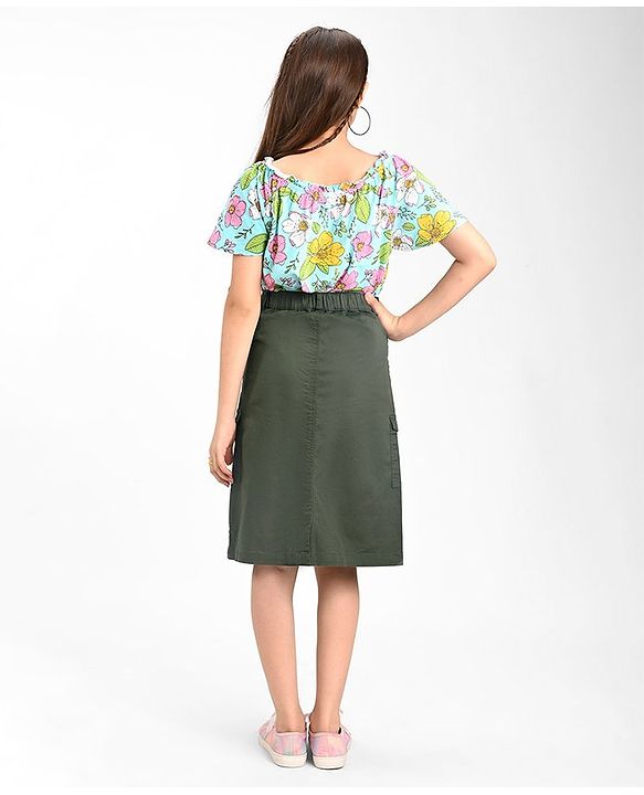 Pine Kids Cotton Woven Strechable Mid Calf Length Solid Skirt with Cargo Pockets - Olive Green