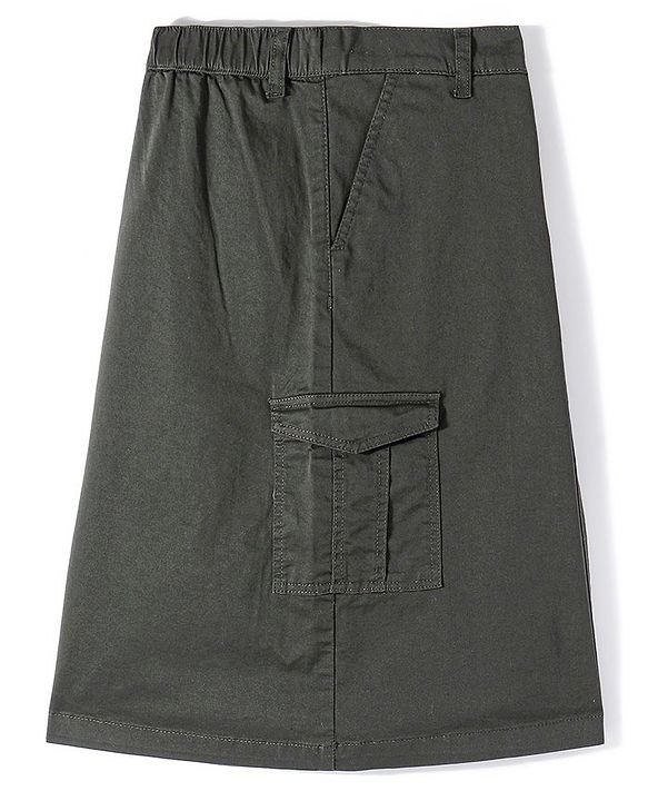 Pine Kids Cotton Woven Strechable Mid Calf Length Solid Skirt with Cargo Pockets - Olive Green