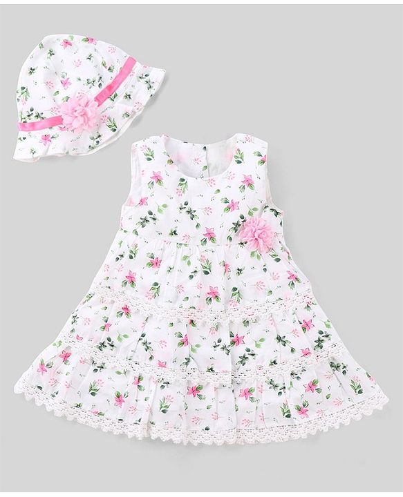 Babyhug 100% Cotton Woven Sleeveless Frock With Cap Floral Print - Pink