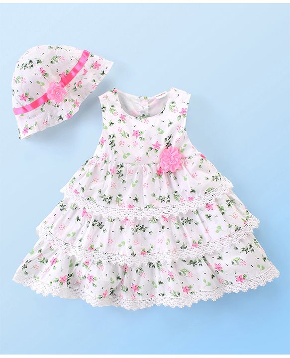 Babyhug 100% Cotton Woven Sleeveless Frock With Cap Floral Print - Pink