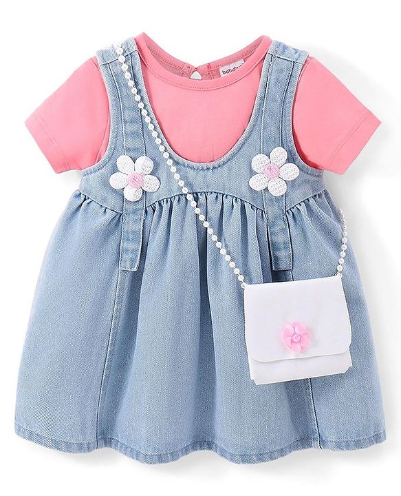 Babyhug 100% Cotton Denim Woven Frock & Knit Half Sleeves Inner T-Shirt with Hand Bag - Blue & Pink