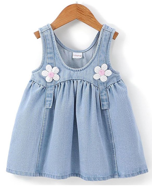 Babyhug 100% Cotton Denim Woven Frock & Knit Half Sleeves Inner T-Shirt with Hand Bag - Blue & Pink