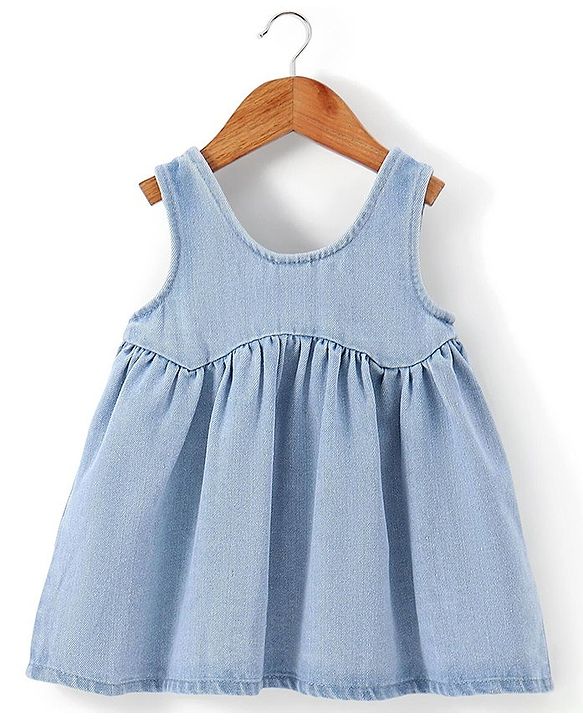 Babyhug 100% Cotton Denim Woven Frock & Knit Half Sleeves Inner T-Shirt with Hand Bag - Blue & Pink