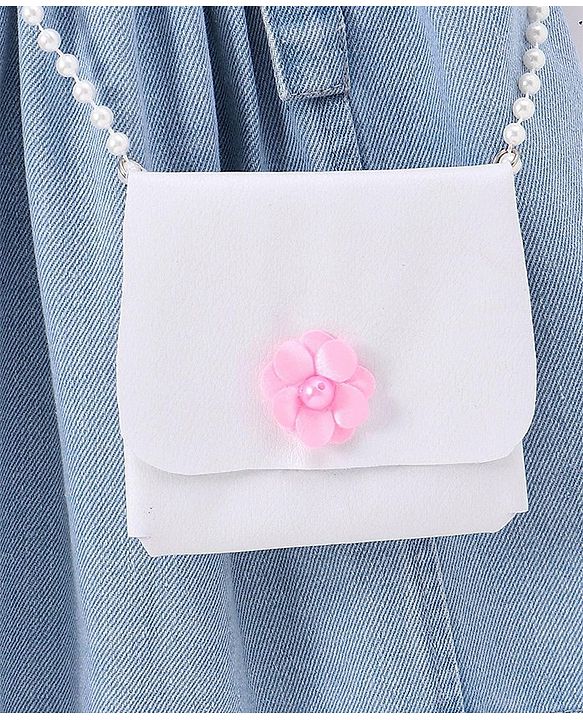 Babyhug 100% Cotton Denim Woven Frock & Knit Half Sleeves Inner T-Shirt with Hand Bag - Blue & Pink