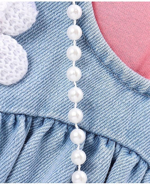 Babyhug 100% Cotton Denim Woven Frock & Knit Half Sleeves Inner T-Shirt with Hand Bag - Blue & Pink