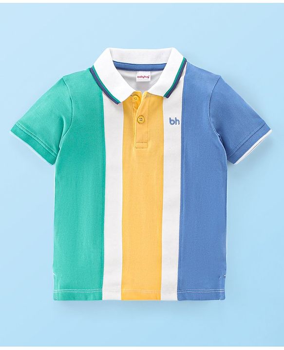 Babyhug 100% Cotton Knit Half Sleeves Polo T-Shirt  With Logo Embroidery Detailing - Blue & Green