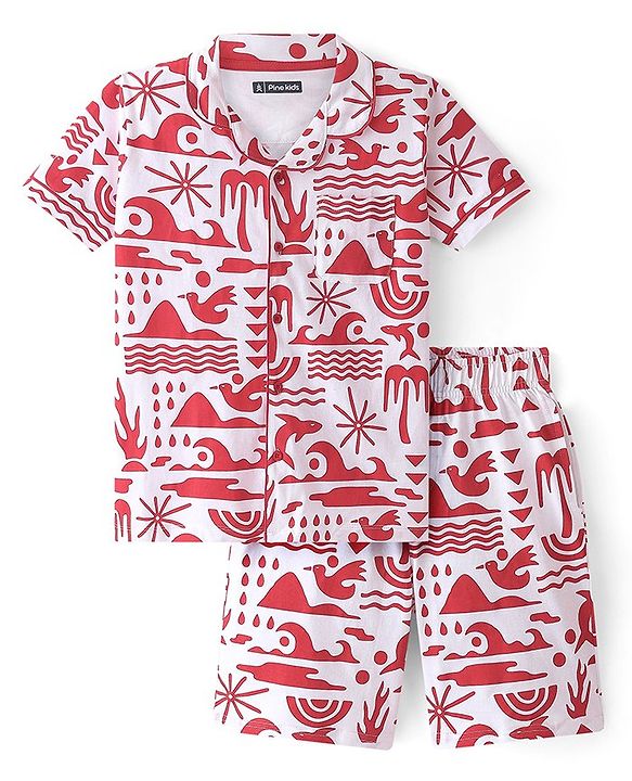 Pine Kids Knit Half Sleeves Night Suit With Beach Print - Snow White