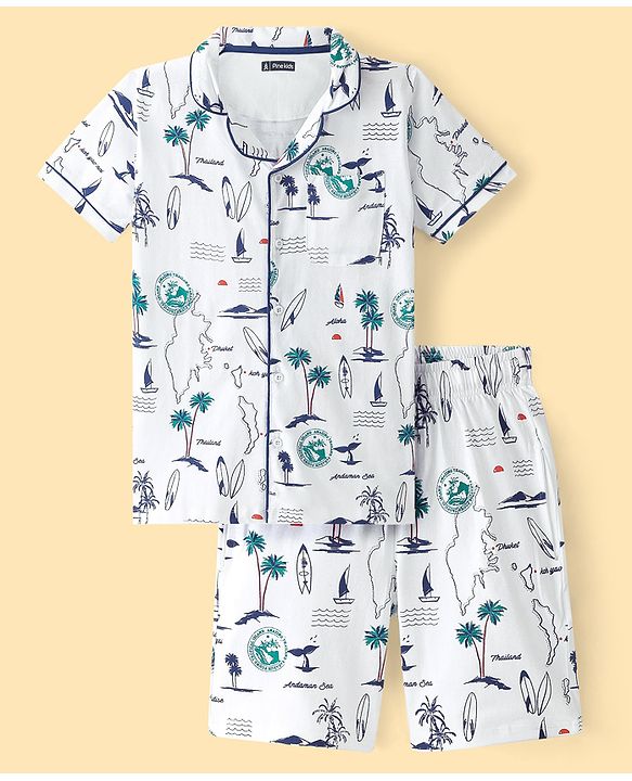 Pine Kids Knit Half Sleeves Night Suit With Beach Print - Snow White