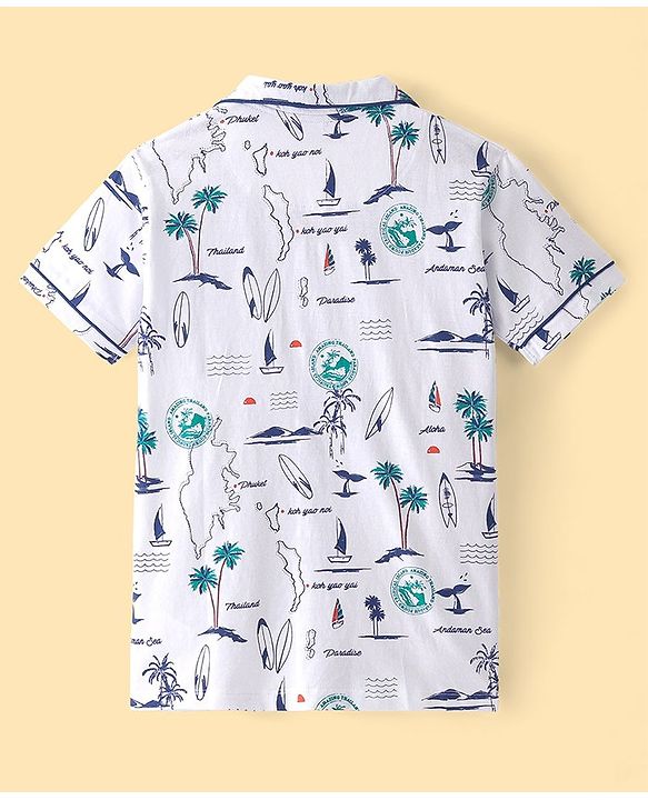 Pine Kids Knit Half Sleeves Night Suit With Beach Print - Snow White