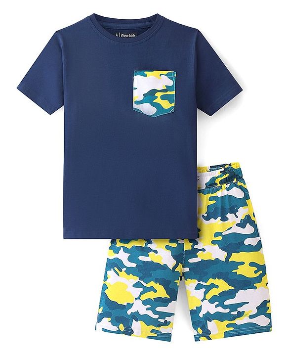 Pine Kids Cotton Knit Half Sleeves Night Suit With Camouflage Print - Navy Blue & Yellow