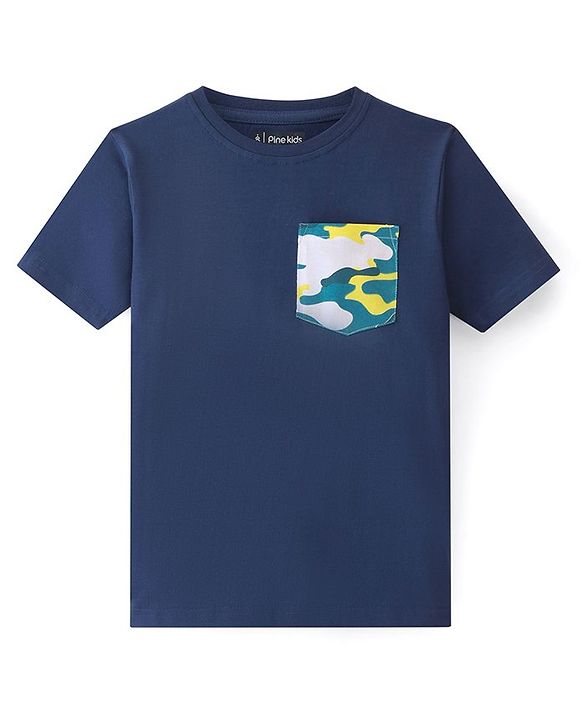 Pine Kids Cotton Knit Half Sleeves Night Suit With Camouflage Print - Navy Blue & Yellow