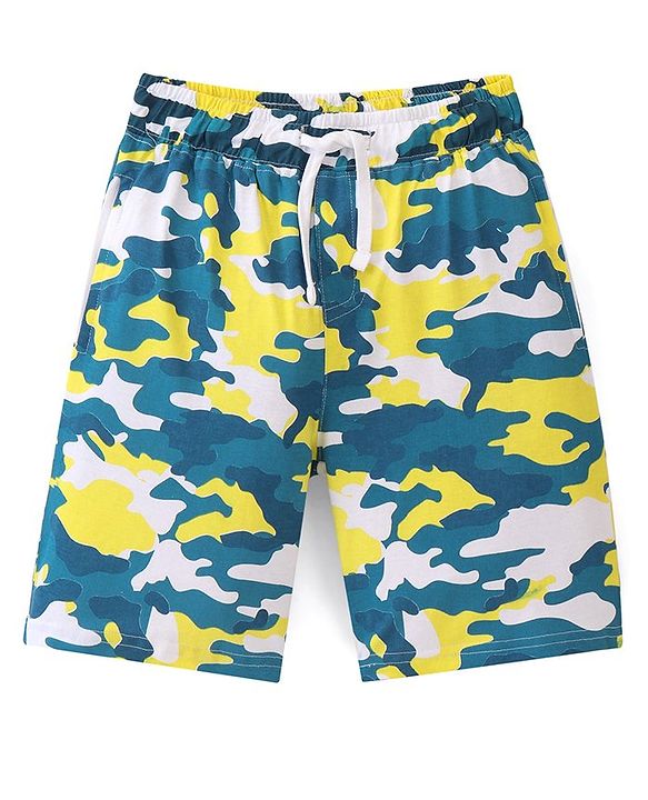 Pine Kids Cotton Knit Half Sleeves Night Suit With Camouflage Print - Navy Blue & Yellow