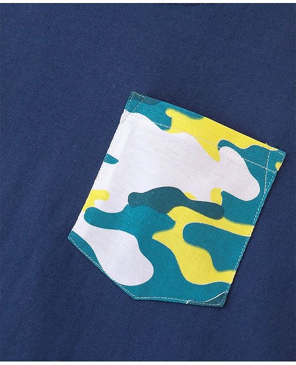Pine Kids Cotton Knit Half Sleeves Night Suit With Camouflage Print - Navy Blue & Yellow