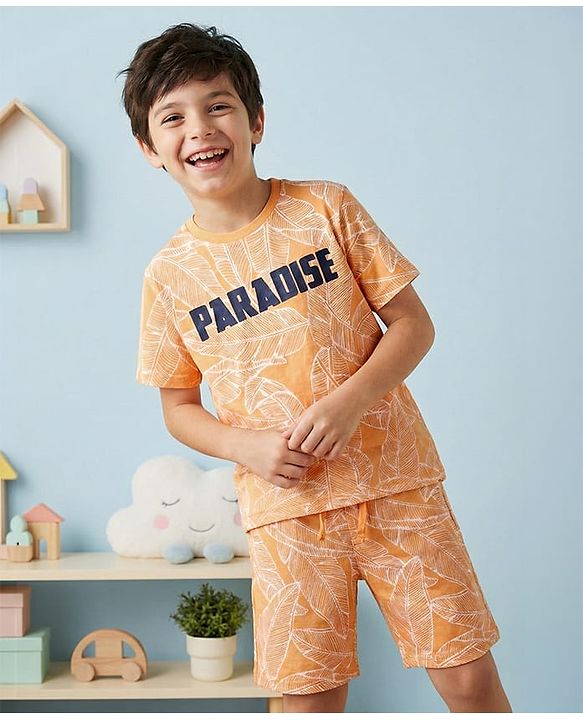 Pine Kids 100% Cotton Knit Half Sleeves Night Suit Leaf Print - Multicolor