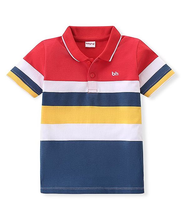 Babyhug Cotton Knit Half Sleeves Striped with Logo Embroidery Polo T-Shirt Red & Navy