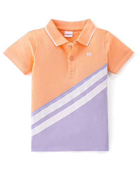 Babyhug 100% Cotton Knit Half Sleeves Cut & Sew Polo T-Shirt With Embroidery Detailing - Peach & Purple