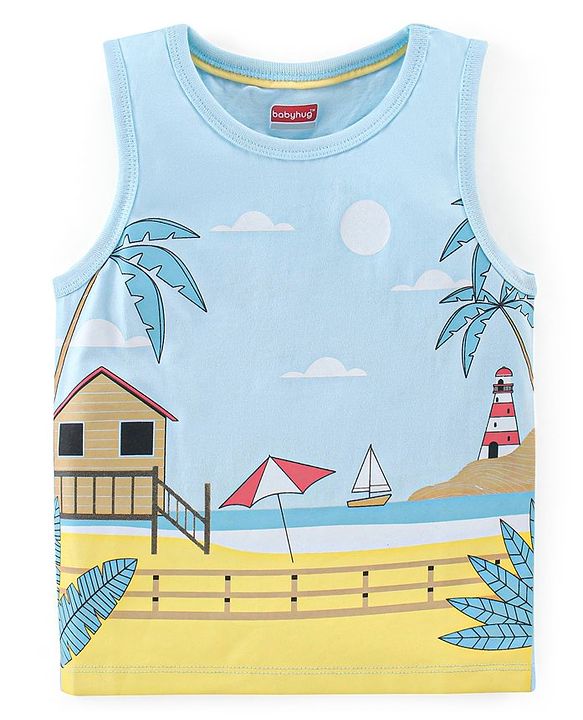 Babyhug Cotton Sleeveless T-Shirt With Beach Graphics - Blue