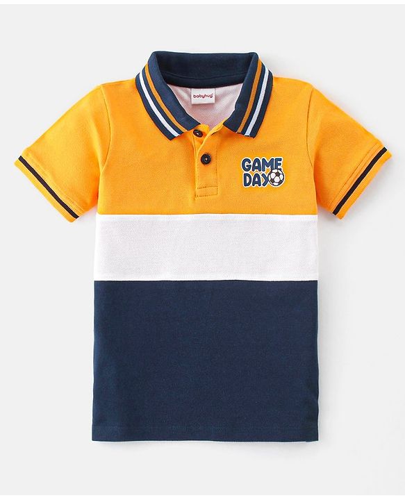 Babyhug 100% Cotton Knit Half Sleeves Polo T-Shirt Cut & Sew Design with Text Graphics - Yellow White & Blue